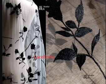 Delicate black floral embroidery Lace Fabric Floral Soft tulle lace for wedding dress Bridal Veil Floral dress 51" width 1 yard
