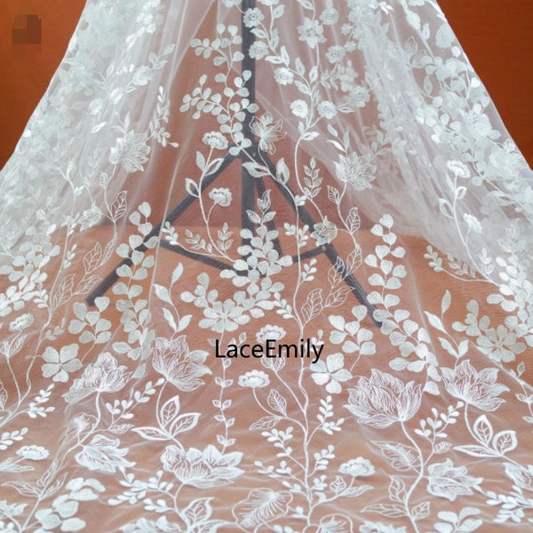 Weiß Blatt Blume Stickerei Spitze Stoff Elfenbein floral Tüll Spitze Für Mädchen Kleid Hochzeitskleid Brautkleid Schleier Couture Kleid 1 yard