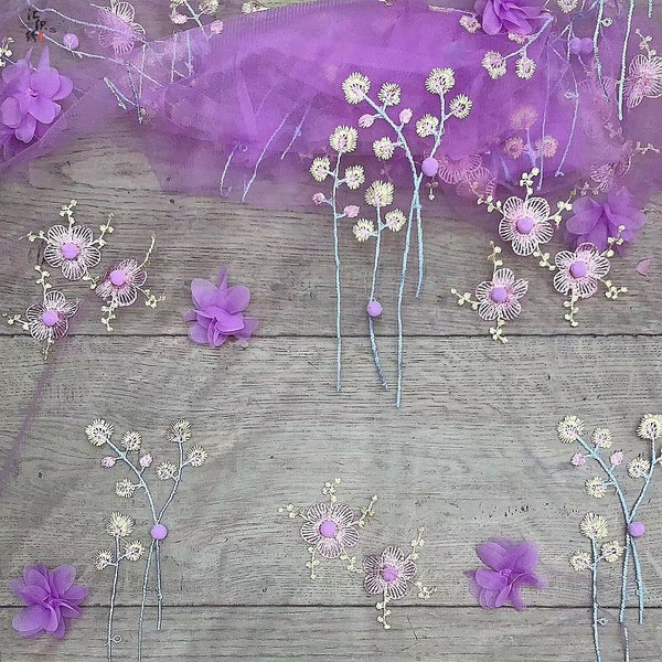 6 Colors 3D chiffon Flower pompom embroidery Lace Fabric flower mesh lace For Wedding Dress Bridal Dress Veil Girl Dress Tutu Dress 1 yard