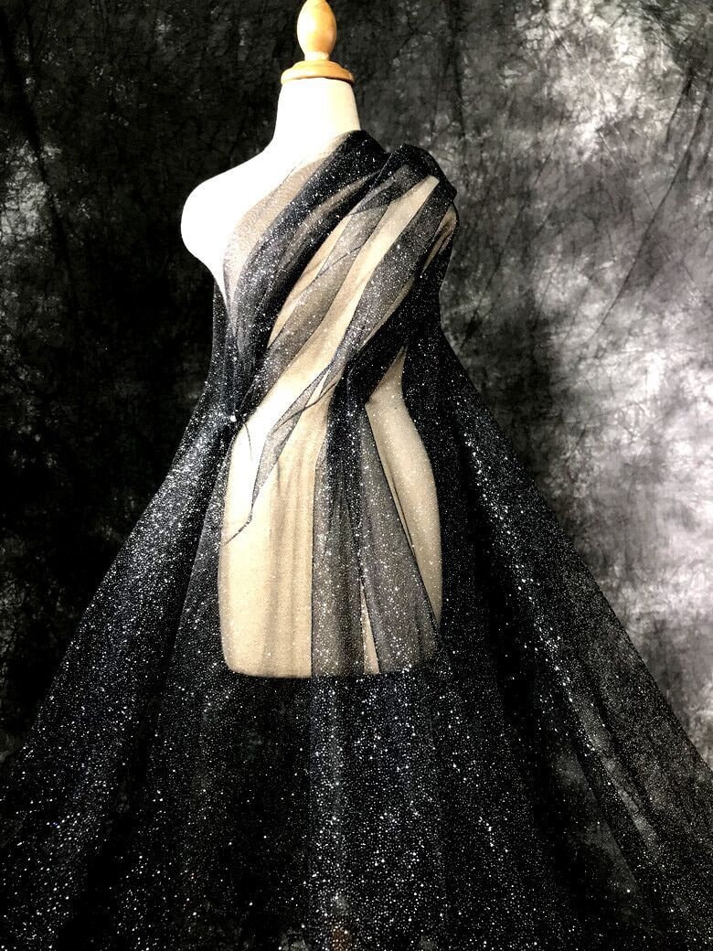 1 yards Silver glitter lace fabric Shiny Black soft tulle Fabric For for wedding dress prom dresses veil lace 59" width