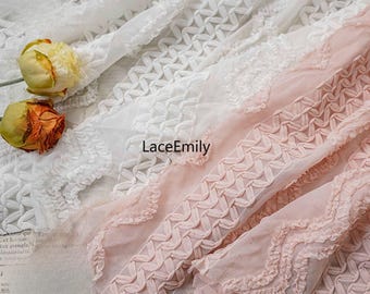 Sweet 3D pleated embroidered chiffon fabric, meterwavy lace ruffle pink white chiffon, for Girl Dress  couture costume curtain 1 meter