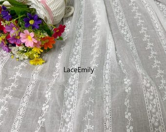 Stripe Flower Cotton Lace Fabric, Embroidery Cotton Fabric, Off white Cotton Fabric, Blouse Dress Costume Fabric 1 Yard