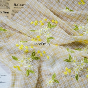Yellow Flower Embroidery Plaid Print Chiffon , floral Soft Gingham Chiffon Fabric for Girl Dress, wedding Dress, Summer Dress, Shirts