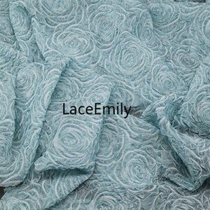 Tela de gasa rosa claro con estampado de rosas en relieve, tela plisada con flores 3D azul verdoso claro, tela de hilo Tencel, tela transparente, 1 yarda imagen 3