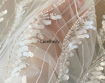 Sequin Feather Embroidered Lace Fabric: Bridal Wedding Dress Veil - White (1 Meter)