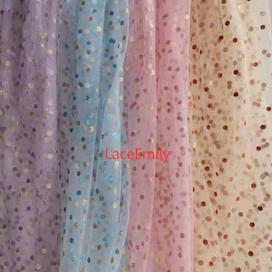 Tela para vestido de muñeca de 59" de ancho con encaje de tul bordado con lunares dorados