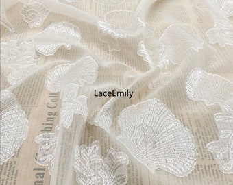 White Beige black shell pattern jacquard fabric , flower embroidery Fabric for Girl Dress, Wedding dress, Summer Dress, Shirts 59" width