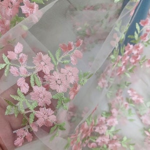 1 Yard Pink Green Flower Leaf Embroidery Lace Fabric Flower