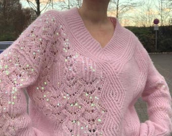 Handgemaakte roze gebreide trui – alpacazijde en angora-merinomix
