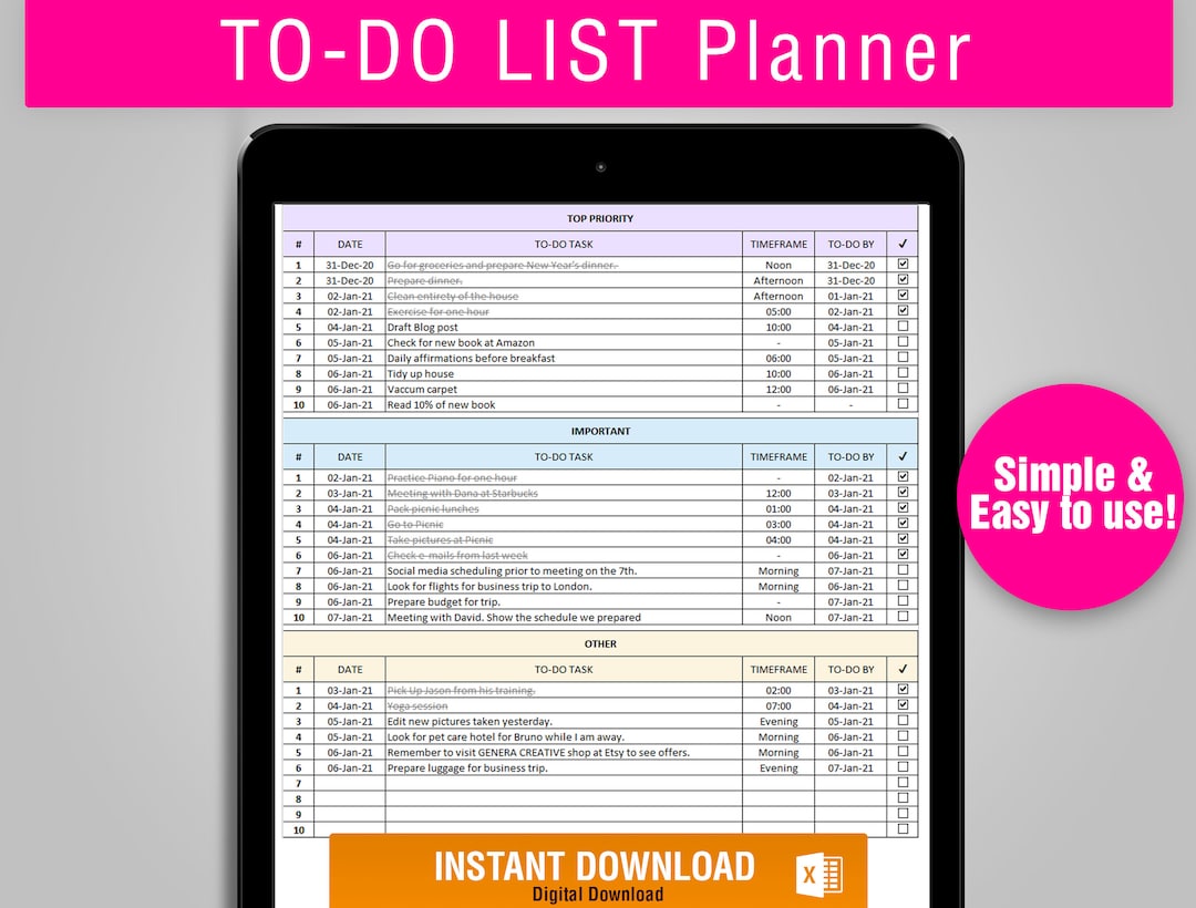 Excel To-do List Planner | Spreadsheet for Increased Productivity ...
