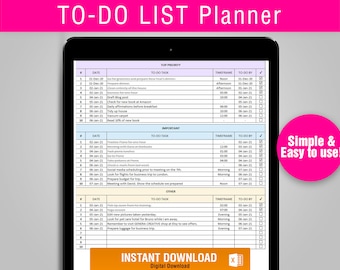 Excel To-Do List Planner | Spreadsheet for Increased Productivity | Excel Template, Excel Planner, Worksheet | Instant Download | Etsy