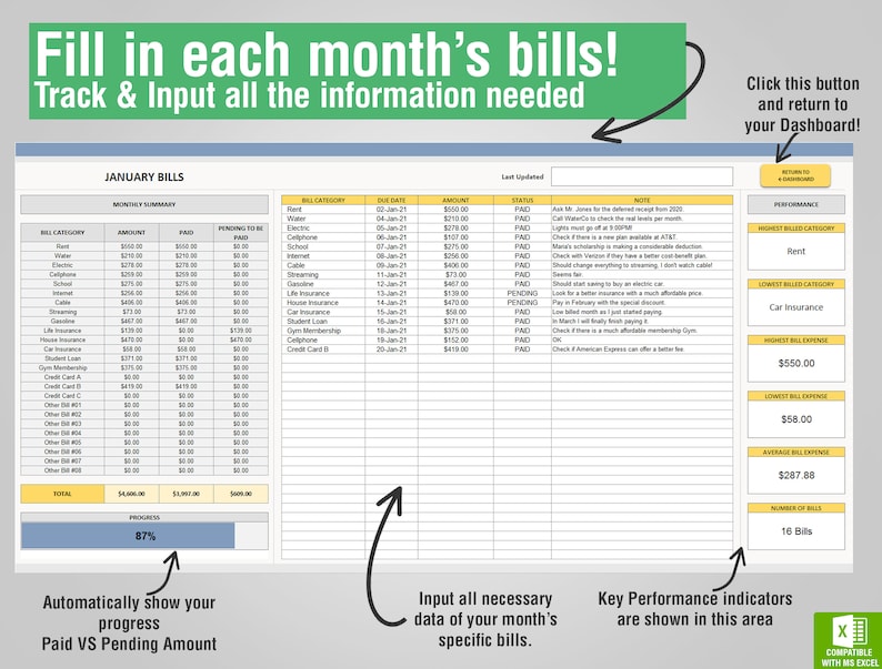 Monthly Bill Tracker Excel Template | Bill Payment Planner | Expense ...
