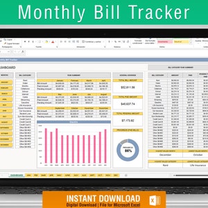 Monthly Bill Tracker Excel Template  | Bill Payment Planner | Expense Planner Tracker | Excel Dashboard | Finance |Runs in Microsoft Excel
