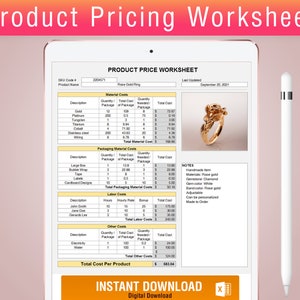 May include: A worksheet for calculating the cost of a rose gold ring. The worksheet includes sections for material costs, packaging costs, labor costs, and other costs. The worksheet also includes a picture of the ring.