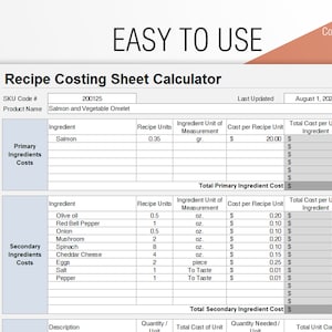May include: A printable recipe costing sheet calculator with a grey and white colour scheme. The sheet is titled "Recipe Costing Sheet Calculator" and includes columns for SKU Code, Product Name, Ingredient, Recipe Units, Ingredient Unit of Measurement, Cost per Recipe Unit, and Total Cost per Used Ingredient. The sheet is designed to help users calculate the cost of ingredients for a recipe.