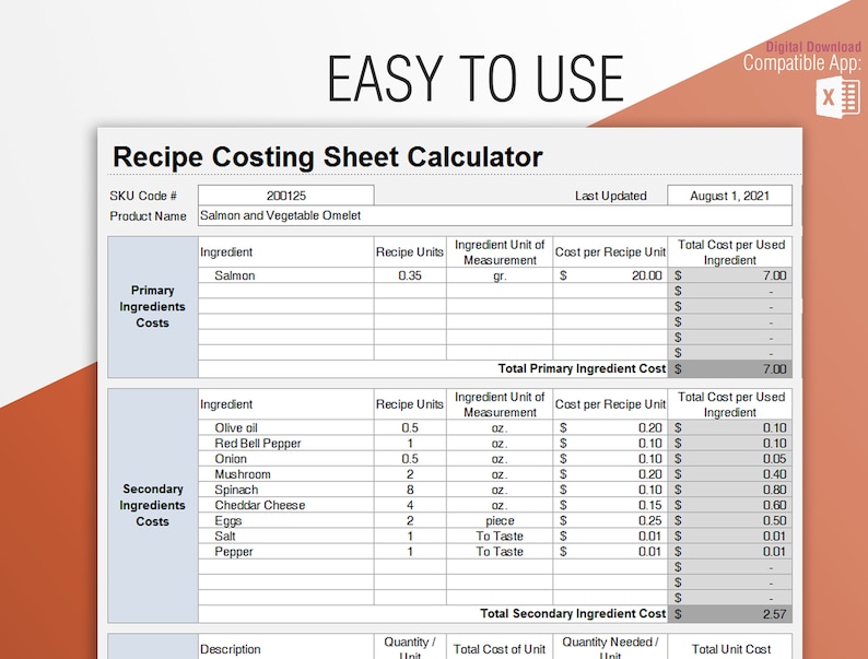 Recipe Cost Calculator, Cooking Pricing Calculator, Recipe Costing