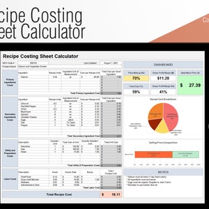 May include: A digital spreadsheet template for calculating recipe costs. The spreadsheet includes sections for primary ingredients, secondary ingredients, utility and preparation costs, labour costs, and a dashboard with a pie chart showing the breakdown of recipe costs. The dashboard also includes a bar chart showing the selling price composition. The spreadsheet includes notes about the recipe, such as the type of salmon to use and the need to order ingredients in advance.