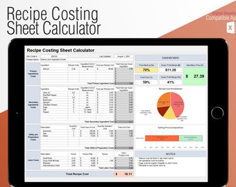 Recipe cost calculator, Cooking pricing calculator, Recipe costing template, Baking and Cooking Ingredient cost calculator, Formula, Excel