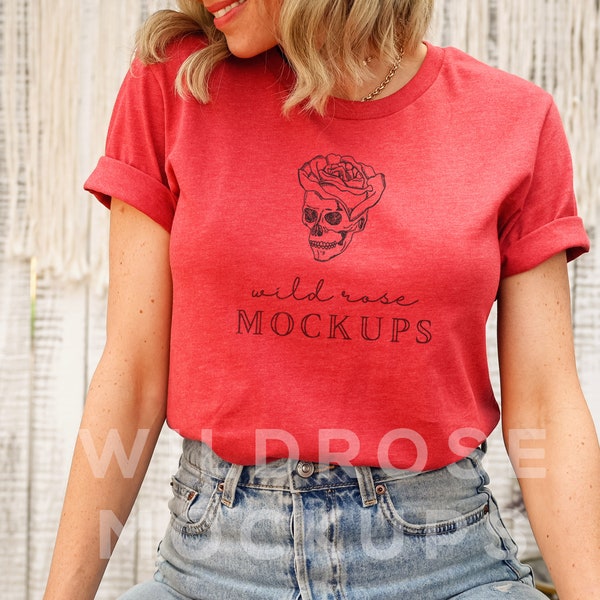 Bella Canvas 3001CVC Model Mockup,  Bella Canvas T Shirt, Heather Red T Shirt Mockup, Red T Shirt Model Mock