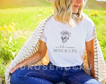 Bella Canvas White Tshirt Model Mockup,  White T Shirt Mockup, Boho Spring Summer Fall Tshirt Mockup