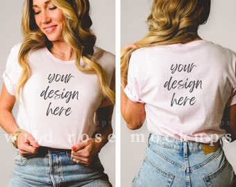 May include: A pink t-shirt mockup with the text "your design here" on the front and back. The model is wearing blue jeans.