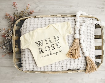 Natural Baby Bodysuit Mockup, Folded Onesie Mock, Blank Rabbit Skins, Baby Vest Mock-Up Stock Photo, Onesie Flat Lay