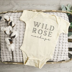 Natural Baby Bodysuit Mockup, Rabbit Skins Mockup, Modern, Farmhouse Baby Clothes Mock, Baby Mock-up Stock Photo, Onesie Flat Lay Mockup
