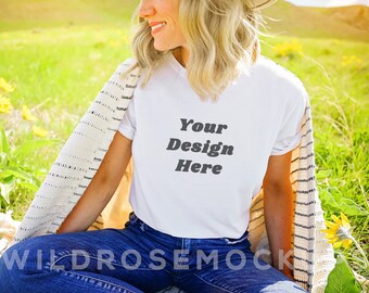 Bella Canvas White Tshirt Model Mockup,  White T Shirt Mockup, Boho Spring Summer Fall Tshirt Mockup