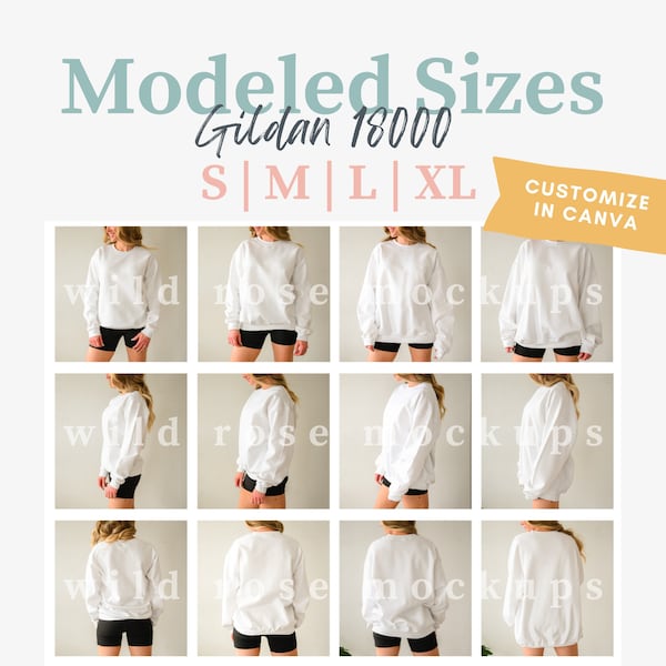 Gildan Size Chart | 18000 Size Chart | Modeled Mockup Size Chart | 18000 Modeled Size Guide | Size Chart Mockup | All Angles Mock