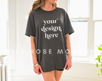 Bella Canvas 3001 Model Mockup, Dark Grey Heather Tshirt Model Mock, Styled Shirt Mock Up, Modeled woman Blank T Shirt