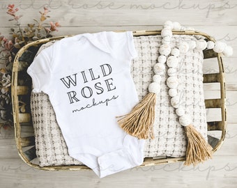 White Baby Bodysuit Vest Onesie Mock,  Rabbit Skins Mockup, Flat Lay Mockup