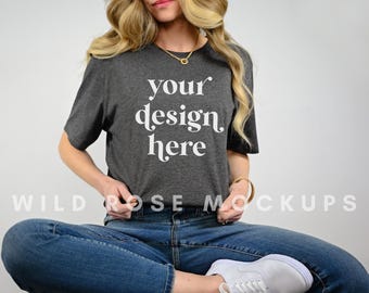 Bella Canvas 3001 Model Mockup, Dark Grey Heather Tshirt Model Mock, Life Styled Shirt Mock Up, Modeled Blank T Shirt, Women Model Mock