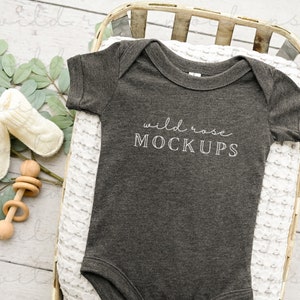 Dark Grey Heather Bella Canvas 100B, Baby Onesie Mockup, Farmhouse Mockup, Baby Clothes Mock, Mock-up Photo, Flat lay Mock, Basket, Bodysuit