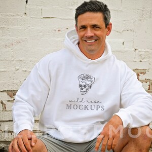 Gildan White Hoodie Mock, G185 Mockup, Male Model Mock, Man Model Wearing Hoodie
