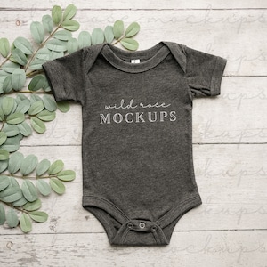 Bella Canvas 100B, Baby Bodysuit Mockup, Greenery Branch Mockup, Baby Clothes Mock, Mock-up Photo, Onesie Flatlay, DARK HEATHER GREY