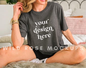Bella Canvas 3001 Model Mockup, Dark Grey Heather Tshirt Model Mock, Styled Shirt Mock Up, Modeled woman Blank T Shirt