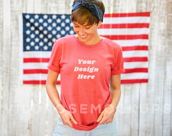 Bella Canvas 3001 Model Mockup, Red Heather Tshirt Mockup, 4. Juli T Shirt Model Mock, 3001CKLER