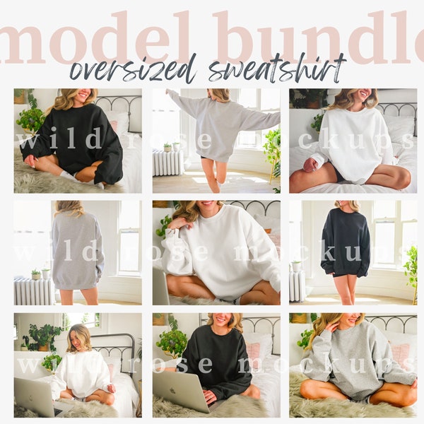 Mockup Bundle, Gildan 18000 Bundle, Lifestyle Mockups, Sweatshirt Bundle, Übergroßes Sweatshirt Modell Mock, Sport Grau, Weiß, Schwarz