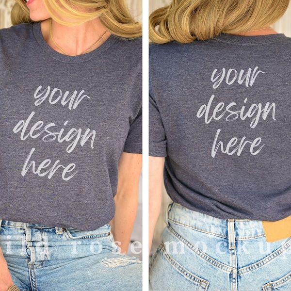 Bella Canvas 3001 Model Mockup, Heather Navy Blue Tshirt Model Mock, Front and Back of Shirt Mock Up, Modeled Blank T Shirt, Boho Style