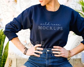 Gildan 18000 Sweatshirt Model Mockup, Boho Model Mockup, Sweatshirt Model Mock, Gildan Navy Blue Sweatshirt Mock Up