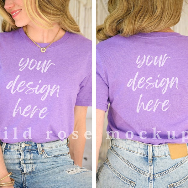 Bella Canvas 3001 Model Mockup, Heather Team Purple Tshirt Model Mock, Front and Back of Shirt Mock Up, Modeled Blank T Shirt, Boho Style