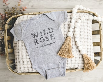 Heather Grey Baby Bodysuit Mockup, Onesie Mockup, Rabbit Skins Mockup, Baby Mock-up Stock Photo, Onesie Flat Lay Mockup
