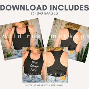 May include: Three images of a black racerback tank top mockup. The model is wearing the tank top with blue jeans. The tank top is blank and ready for your design. The text "your design here" is printed on the front of the tank top. The model is wearing a size small.