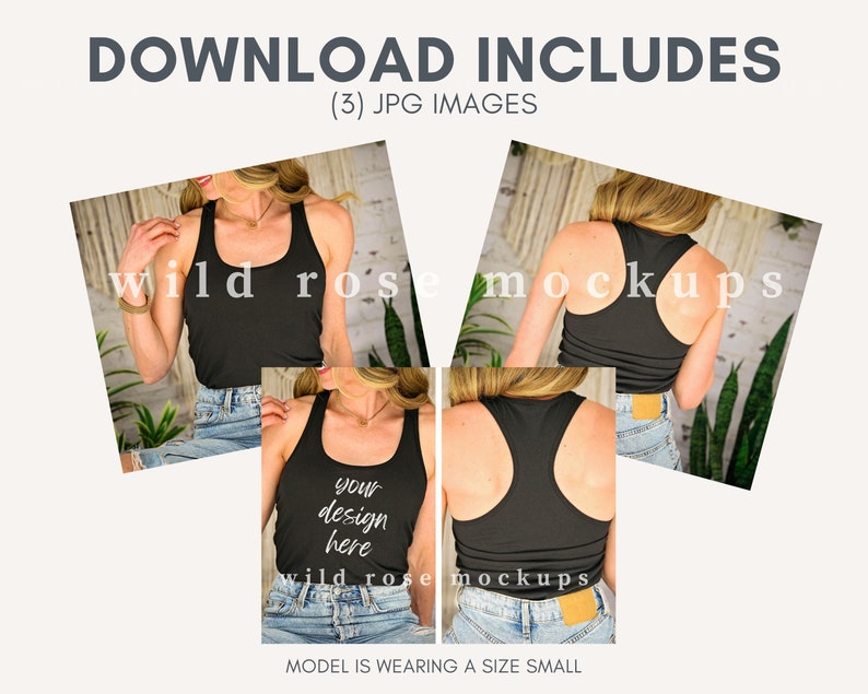 May include: Three images of a black racerback tank top mockup. The model is wearing the tank top with blue jeans. The tank top is blank and ready for your design. The text "your design here" is printed on the front of the tank top. The model is wearing a size small.