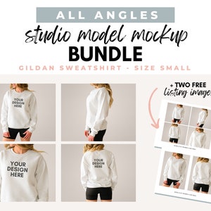 Sweatshirt Sizing | Front Side Back of Sweatshirt | White Sweatshirt Model Mockup | Modeled Gildan Sweatshirt Size Guide