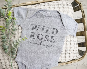 Baby Bodysuit Mockup, Rabbit Skins, Modern, Lifestyle, Baby Clothes Mock, Baby Mock-up Photo, Onesie Flat Lay Mockup, Basket, HEATHER