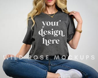 Bella Canvas 3001 Model Mockup, Dark Grey Heather Tshirt Model Mock, Boho Styled Shirt Mock Up, Modeled Blank T Shirt