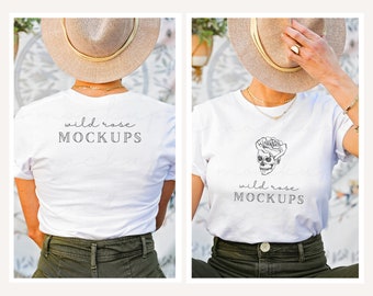 以下が含まれることがあります： 白いTシャツのモックアップ。前面に「wild rose MOCKUPS」のテキストと、骸骨とバラのグラフィックが描かれています。背面にも「wild rose MOCKUPS」のテキストが描かれています。