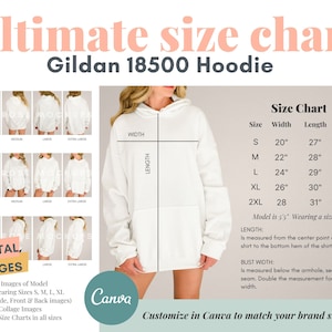 Gildan Hoodie Size Chart | 18500 Size Chart | Model Mockup Size Chart | 18500 Modeled Size Guide