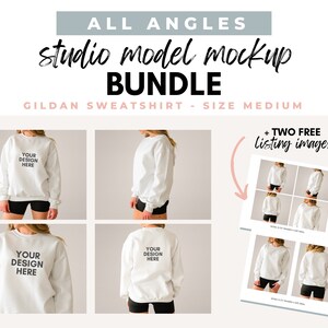 Sweatshirt Sizing | Front Side Back of Sweatshirt | White Sweatshirt Model Mockup | Modeled Gildan Sweatshirt Size Guide